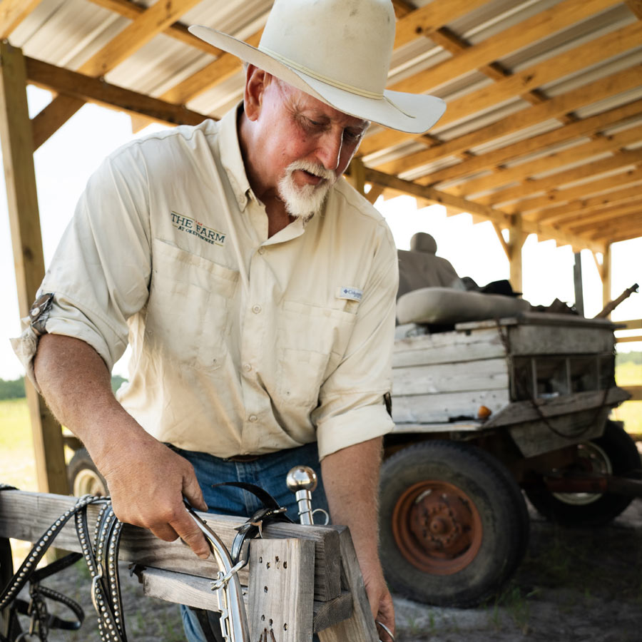 man putting together harness